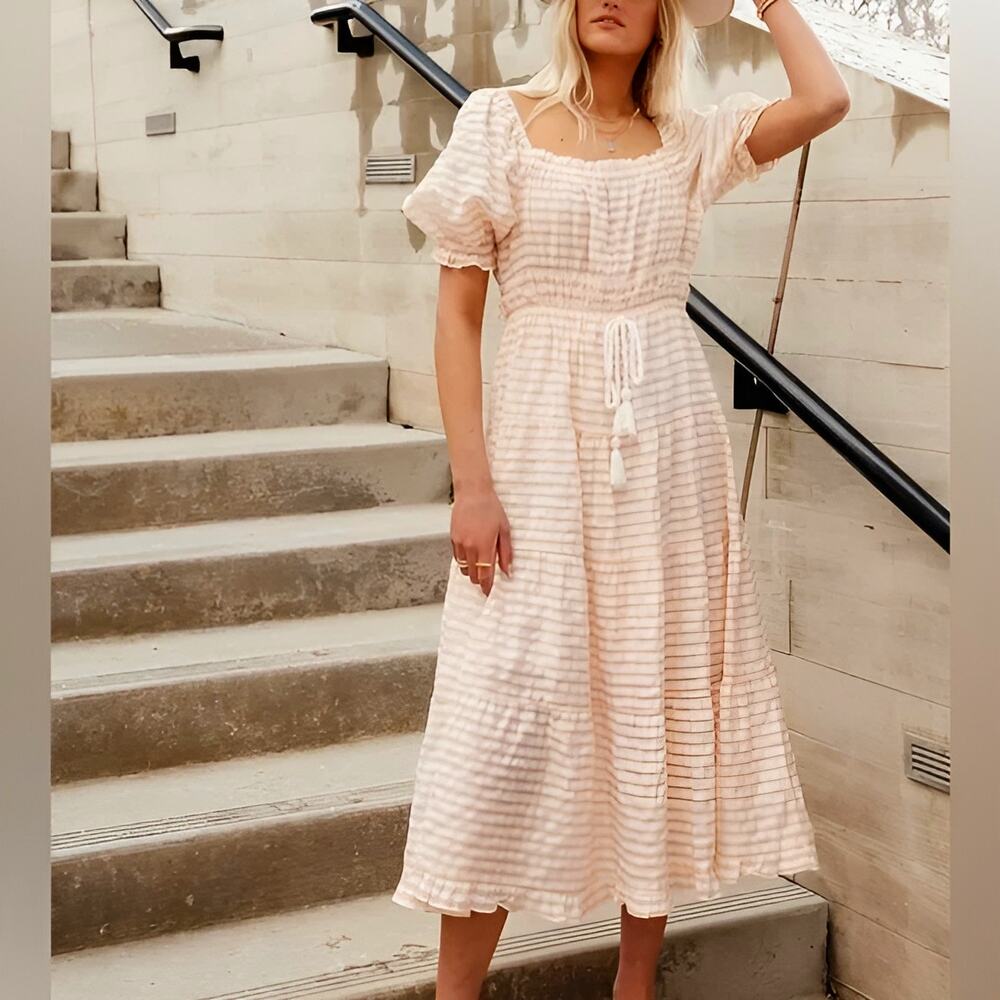 Moon River Womens Milkmaid Resortwear Poplin Striped Puff Sleeve Midi Dress M